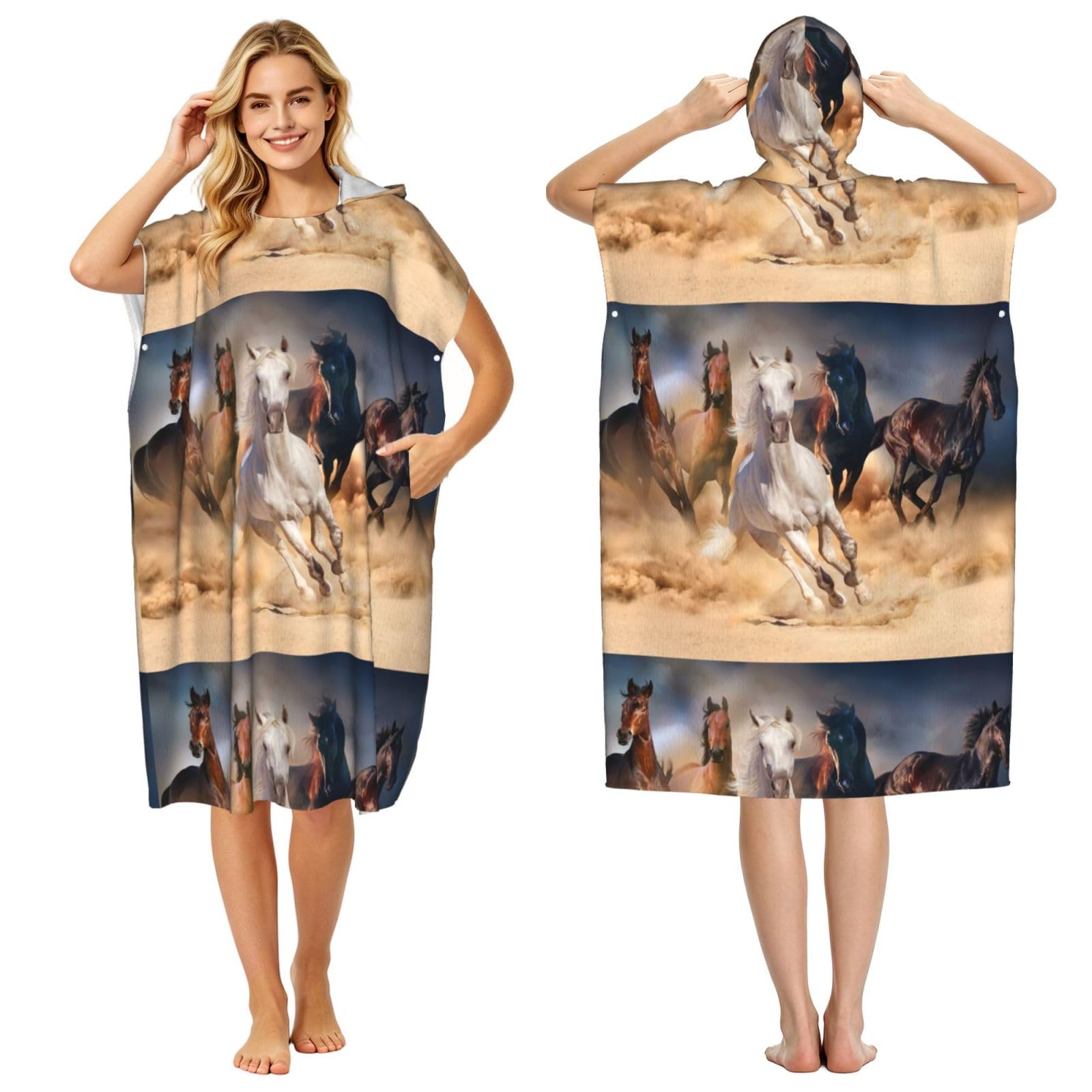 Poadnly Wild Horse Running Against Sand Storm, Adult Hooded Beach Towel 90 x 110 cm,Changing Bath Robe, Surf Poncho Towel For Women Men