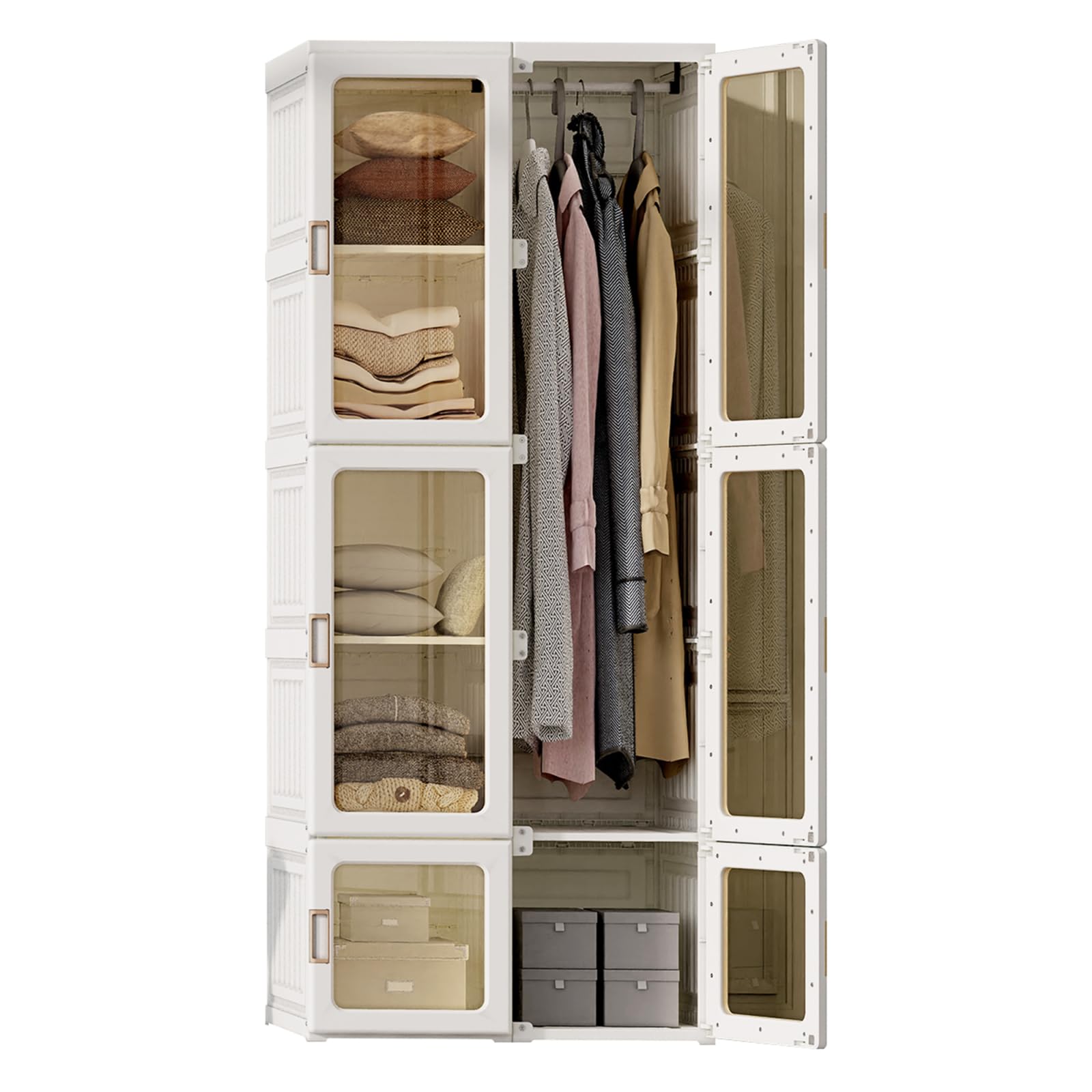 Fofetbfo - Armario de almacenamiento, armario plegable con 6 estantes y 1 barras de suspensión para vestuario, dormitorio, vestidor (transparente, 170 x 69 x 50 cm)