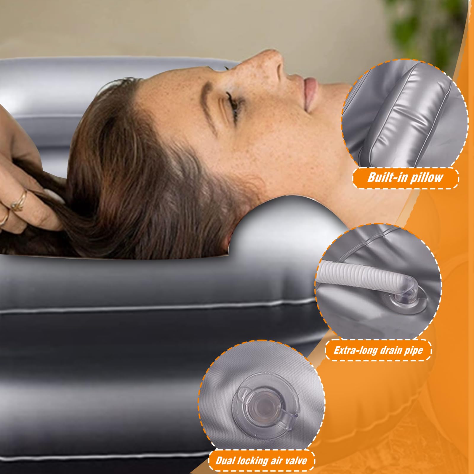 Lavacabezas Portatil para Casa con Almohada Pequeña & Tubo Drenaje 1M, Lava Cabezas Hinchable, Lavabo Champú Lavar Móvil,Equipo Cabello Lavado Inflable para Personas Discapacitades,Embarazadas,Mayores