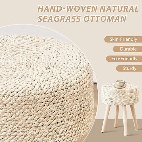 Miniatura 32 de Cpintltr Reposapiés redondo otomano natural de algas marinas con patas de madera maciza, reposapiés de jacinto tejido a mano, taburete para sala de