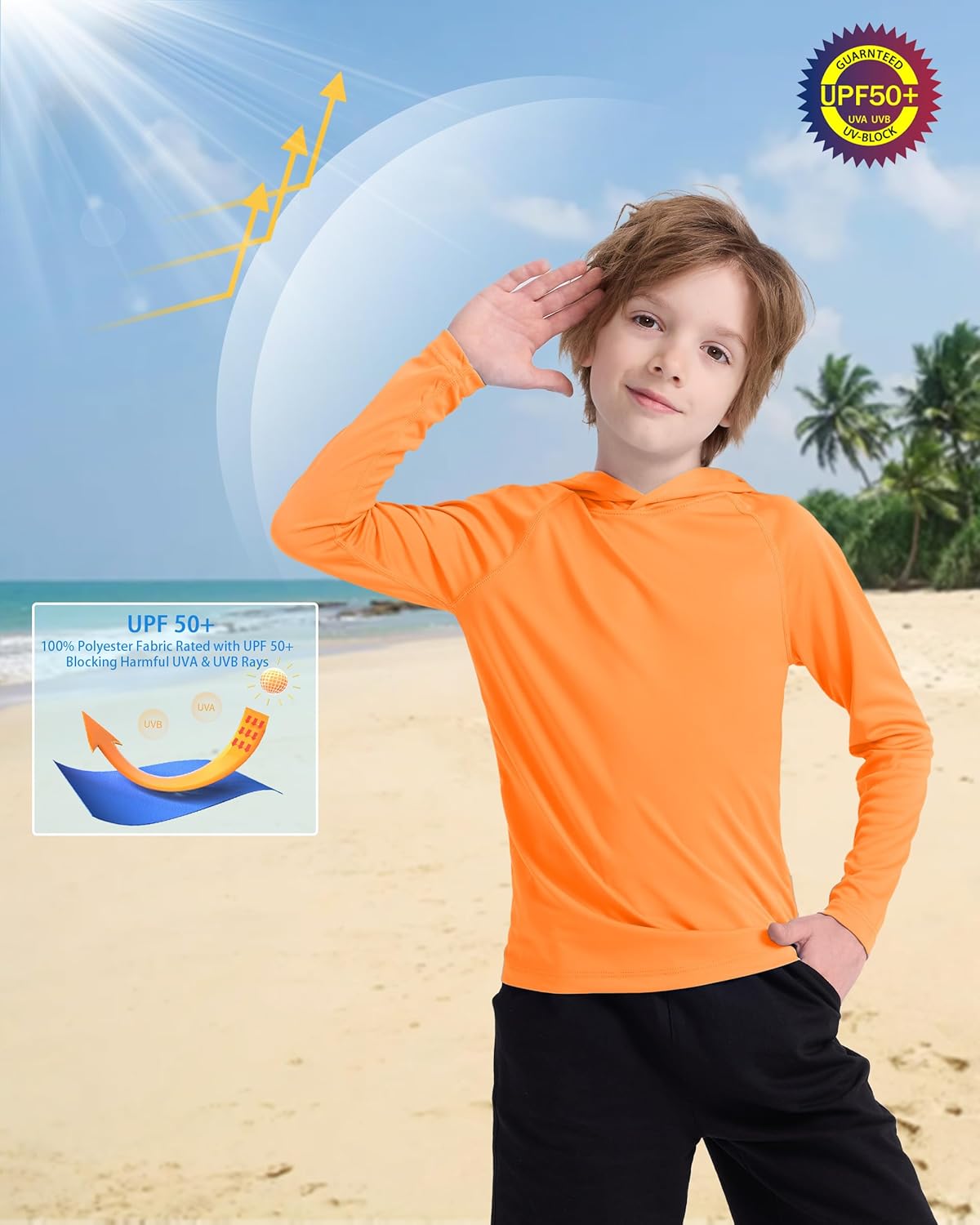 Boys' UPF 50+ Rash Guard Long Sleeve, Youth Kids UV Sun Protection SPF Swim Hoodie, Girls Water Fishing Beach Hooded Shirt - Image 4