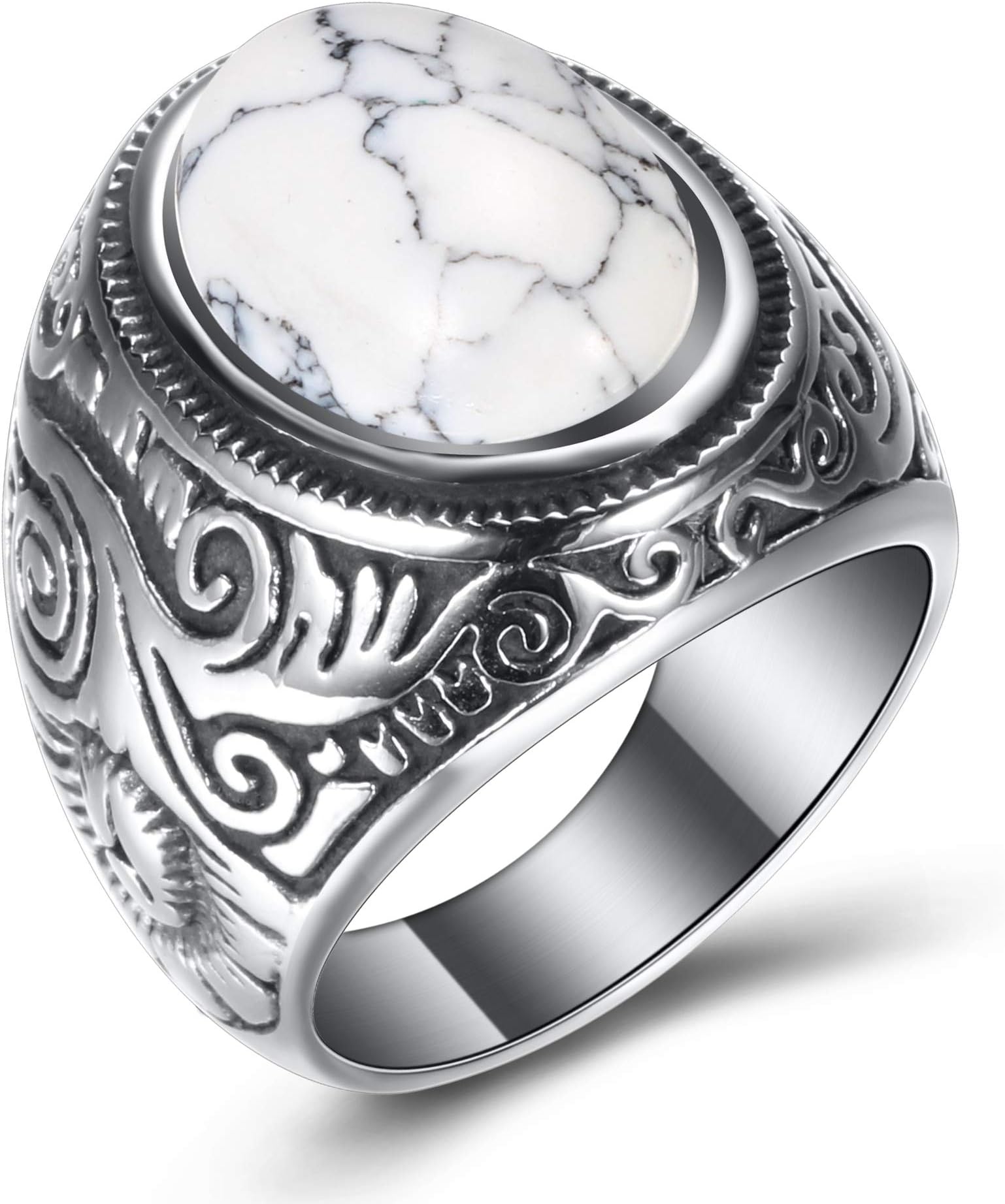 VQYSKO Retro Turquoise Ring for Men,Stainless Steel Oval Biker Ring,Ideal Gift forDad,Boyfriend,Blue/Black/Brown/White Color for Choice