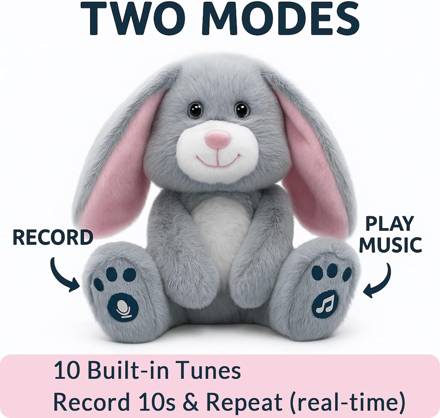 YH YUHUNG Easter Bunny Interactive Talking Plush Toy, Voice Repeat & Record, 10 Songs with Flapping Ears, Volume Control, Animated Stuffed Rabbit Easter Basket Gift for Toddlers Kids, Soft Gray - Image 4