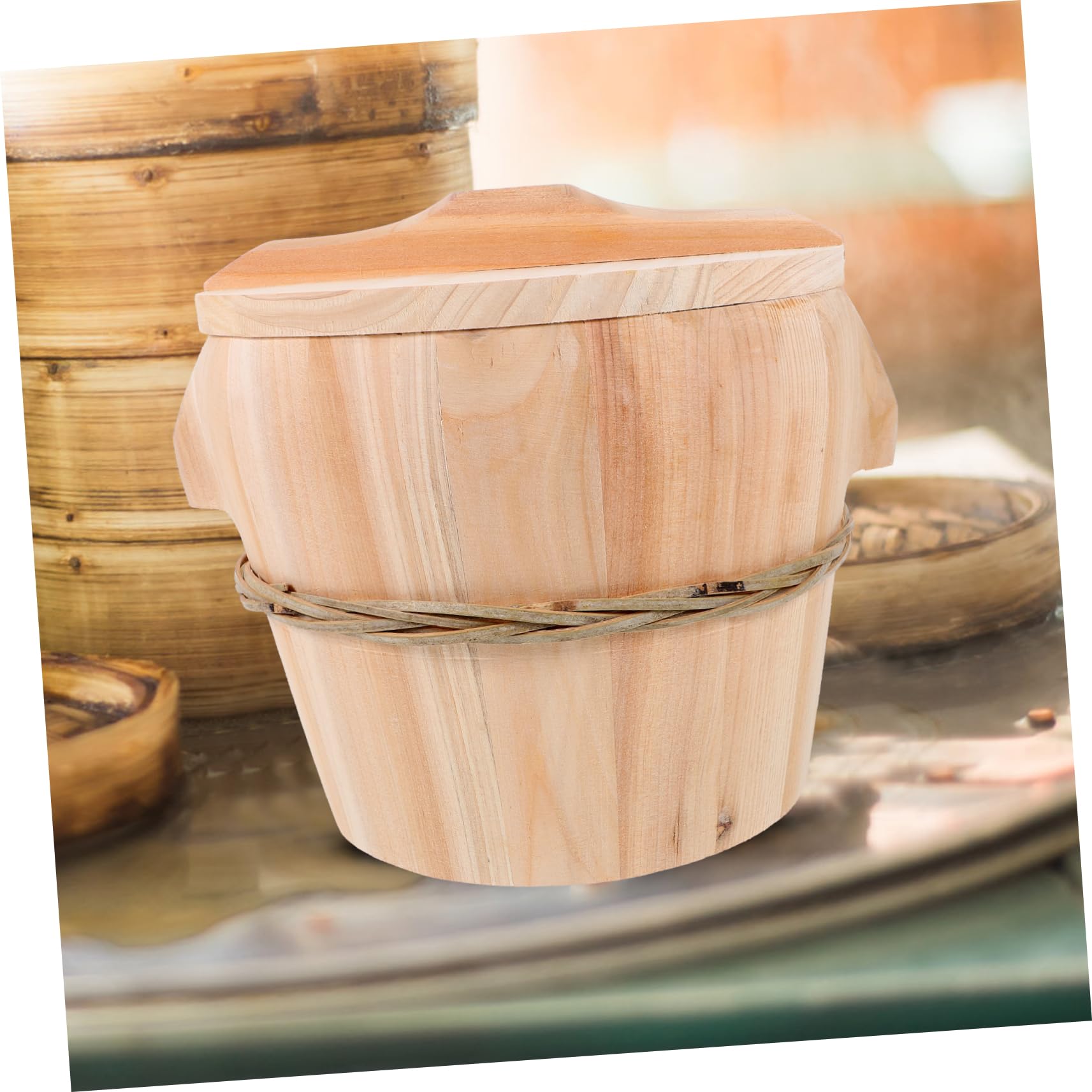 Vaporera de Arroz de Madera Natural, Cubo Artesanal para Cocinar al Vapor