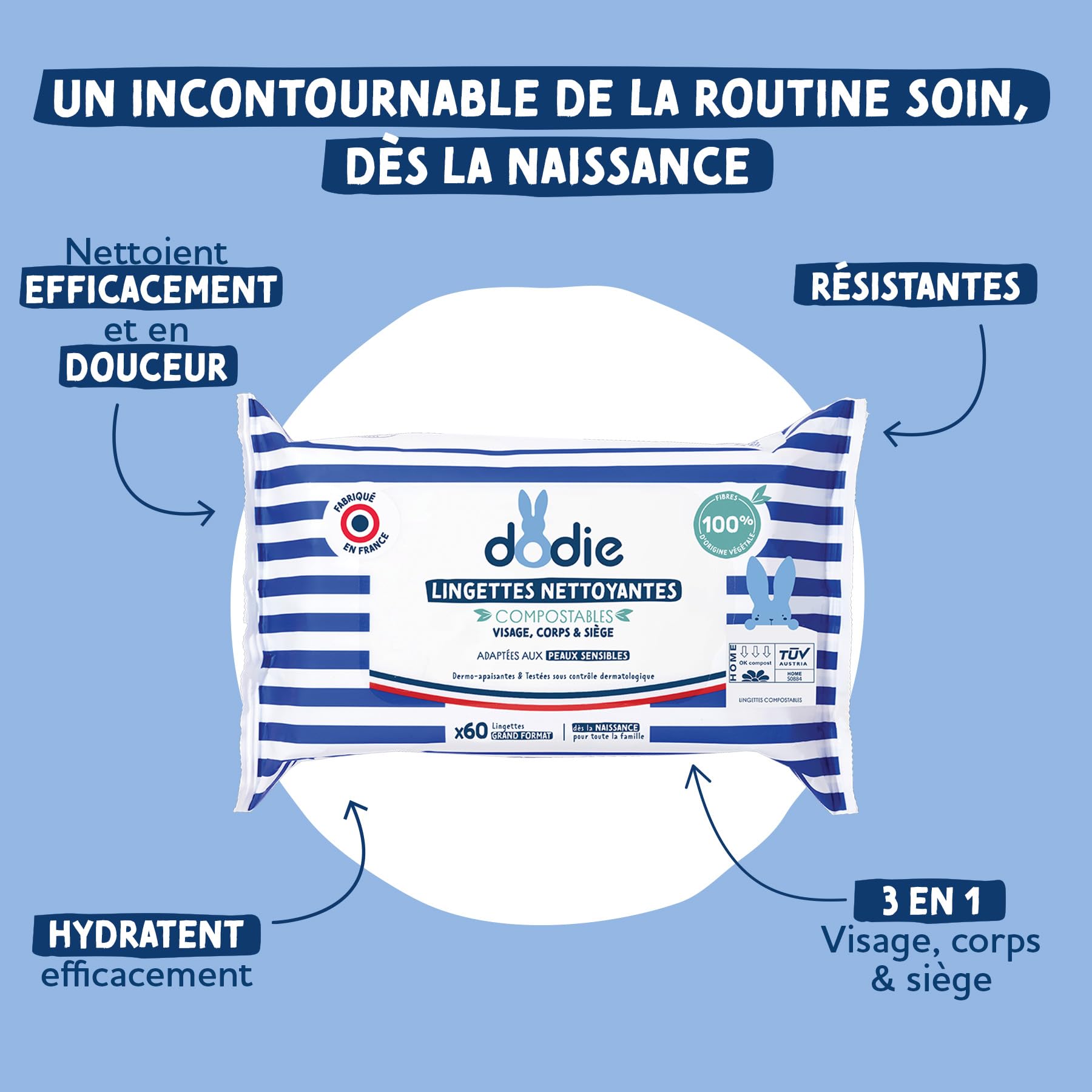 Dodie Lot de 7 Paquets de Lingettes compostables dermo-apaisantes x60