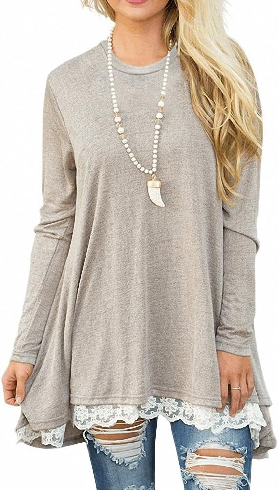 Afibi Women Lace Long Sleeve A-line Swing T-Shirt Loose Tunic Top Blouse - Image 2