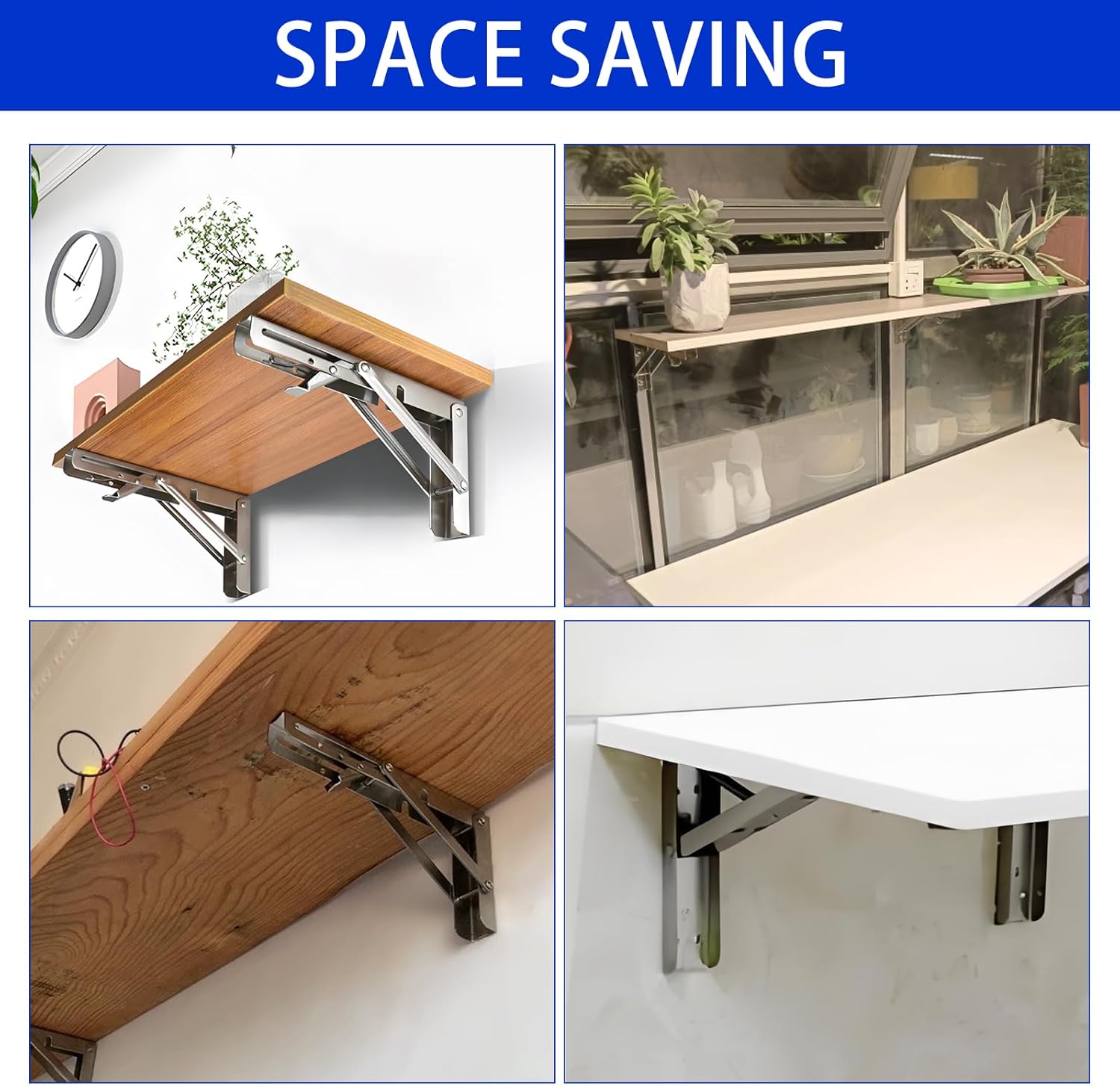 Folding Shelf Brackets 6 Inch, Heavy Duty Stainless Steel Folding Brackets, Collapsible Shelf Bracket for Table Work Bench, Space Saving DIY Bracket (2PCS, Silver)