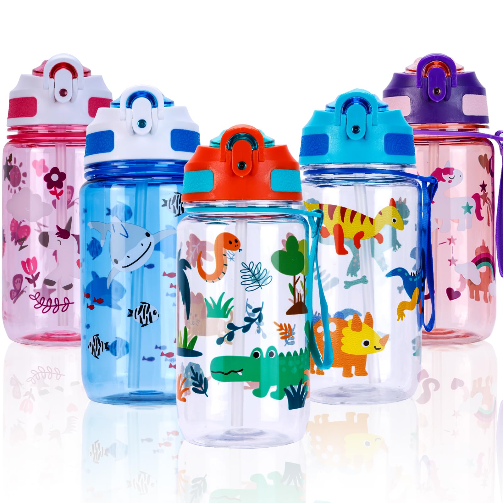 SUPPRUI Water Bottle with Straw & Handle, 600ml Leakproof BPA Free Sports Drink Bottle for School, Outdoor(Orange-Zoo)
