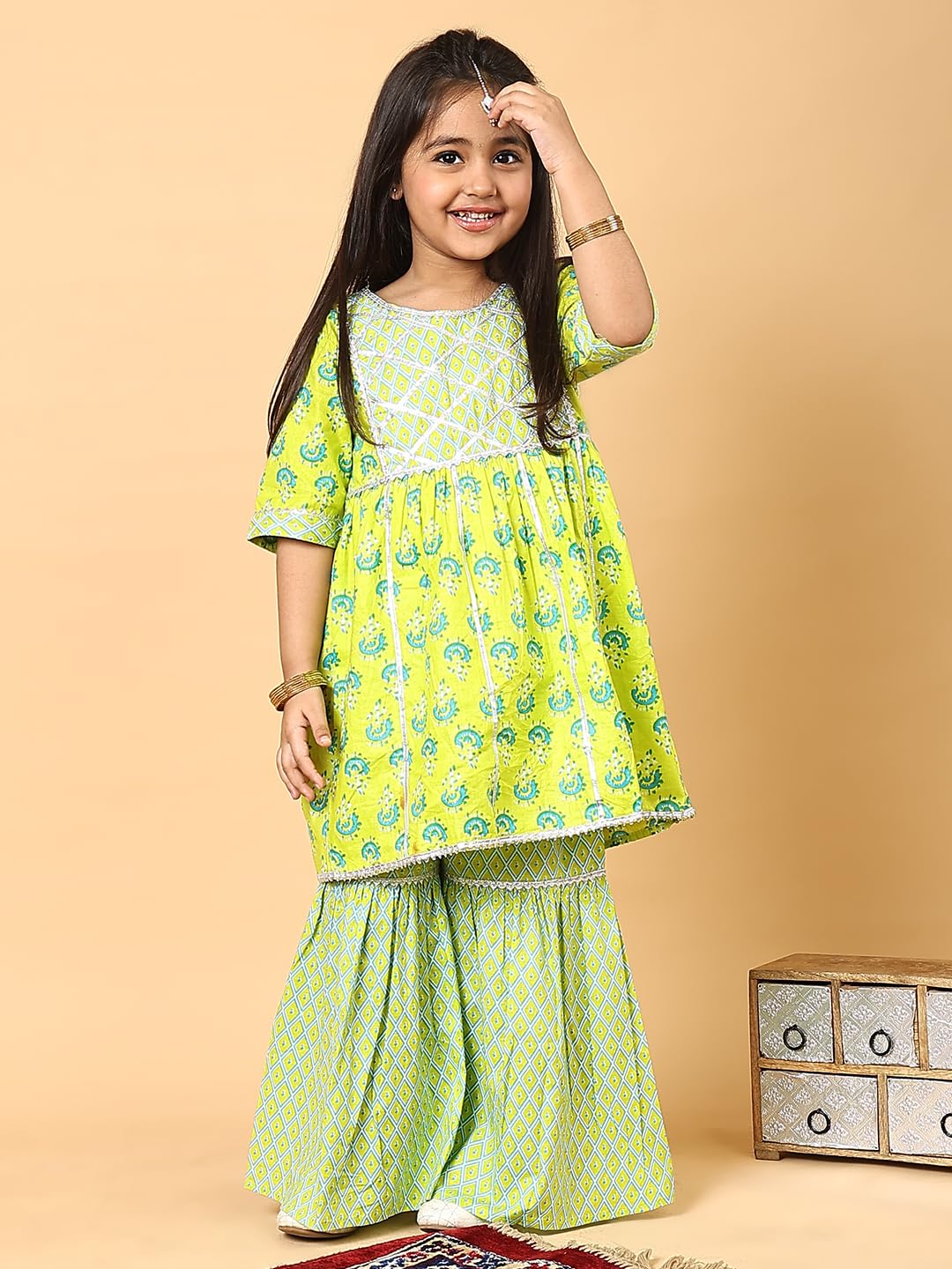 superminis Baby Girls Cotton Sanganeri Printed Frock Style Kurti & Pant (2-3 Years, Green) 3