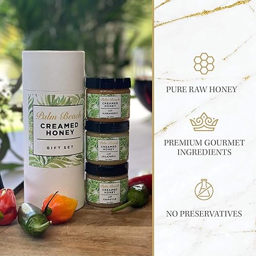Miniatura 10 de Palm Beach Creamed Honey - Miel de flor silvestre con sabor natural lote pequeño Kosher juego de regalo trío frambuesa limón jengibre