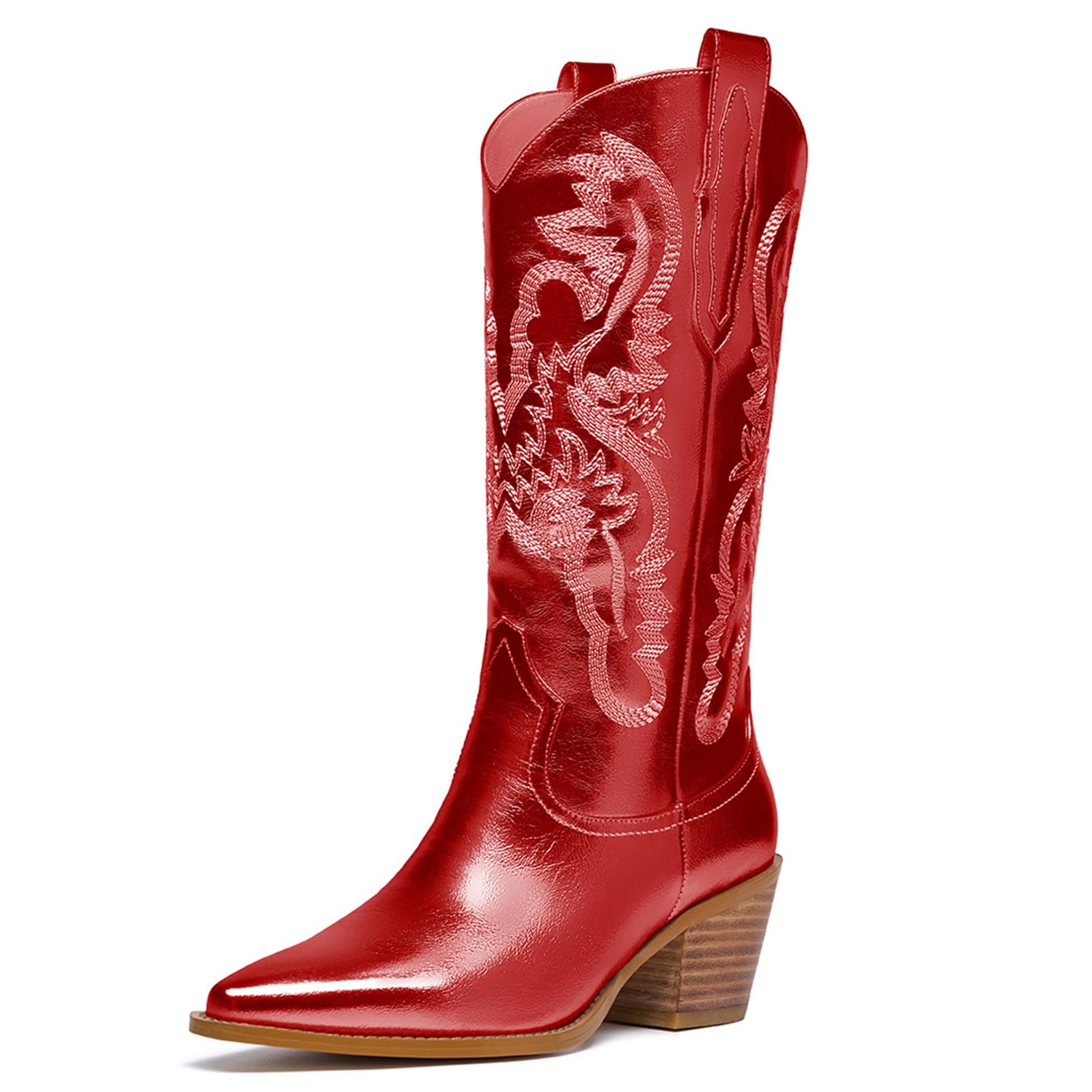 driceic Glitter Wide Calf Metallic Embroidered Cowboy Boots For Women Sparkly Mid Calf Chunky Heel Pull on Pointy Toe Western Cowgirl Boots Fashion