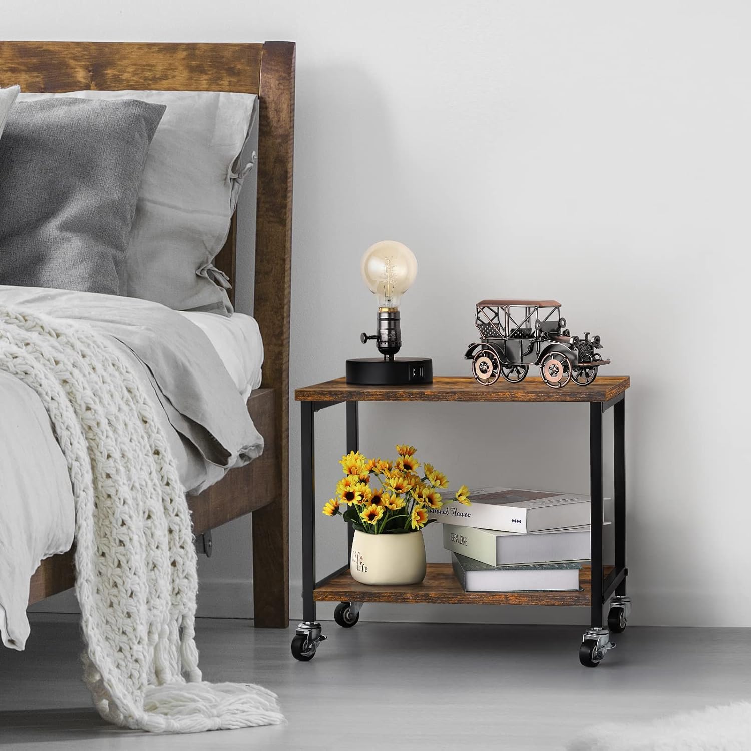 Under Desk Printer Stand, 2 Tier Printer Cart with Storage, Wood Rolling Cart Desktop Printer Stands on Wheels End Table with Anti-Skid Feet Small Nightstand Brown Copier Scanner Cart for Office Home : Office Products