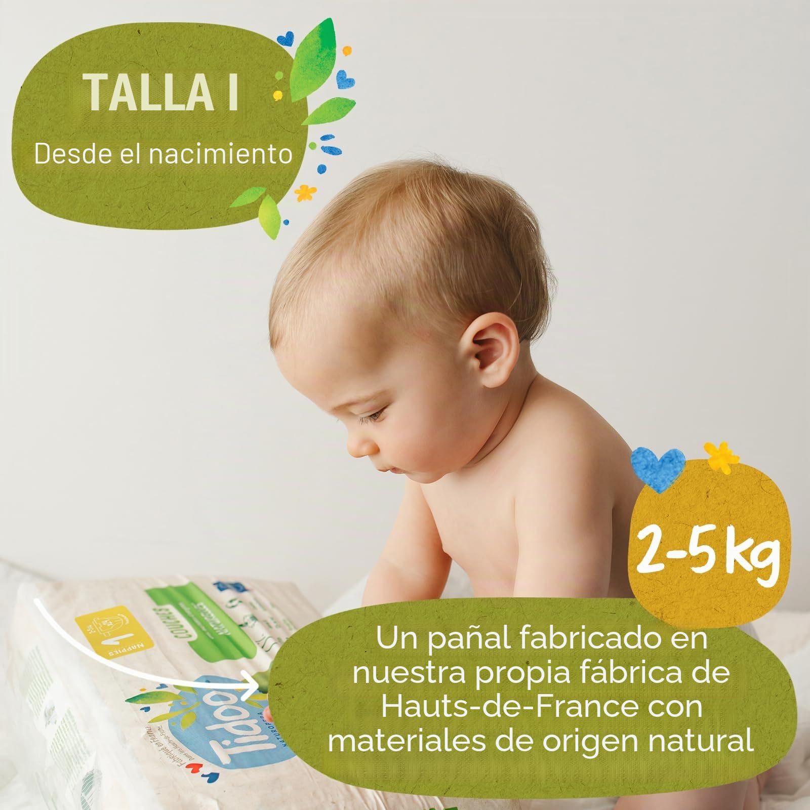 TIDOO - Pañales ecológicos para bebé, tamaño 1, 2 – 5 kg, composición natural, aptos para pieles sensibles, 5 x 24 pañales