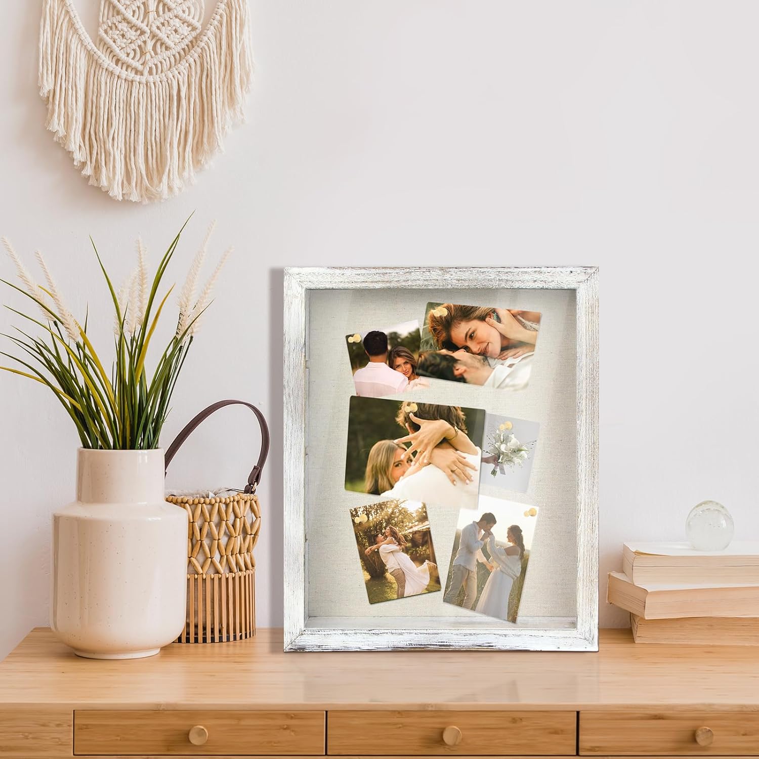 Shadow Box Display Case 11x14, Deep Shadow Box Picture Frame with Linen Back and Removable Shelves, Wooden Memory Box for Wedding Bouquet, Photos, Medals, Keepsakes (White, 11x14)