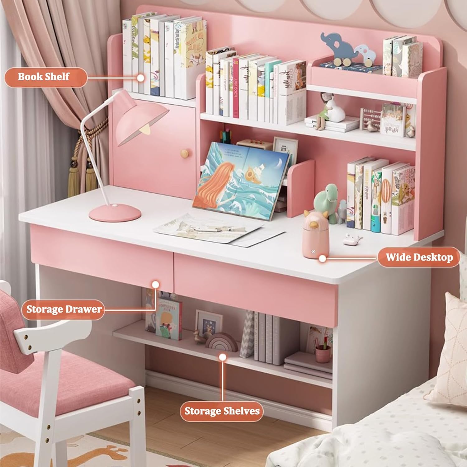 Kids Study Desk, Children Wooden Computer Desk with Hutch Drawers and Cabinet, Large Strorge Study Table Student Writing Table Computer Workstation for Home Use Blue 80cm