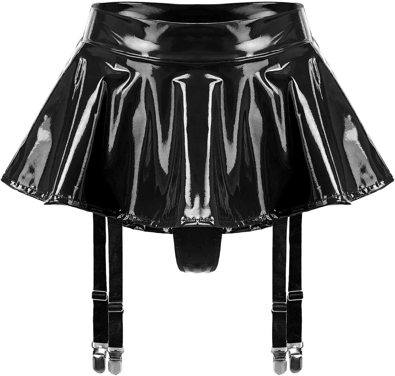 Sywiyi Women Pvc Wet Looking Leather Crop Top with Suspender Built-in Briefs Miniskirt Clubwear Rave Outfits