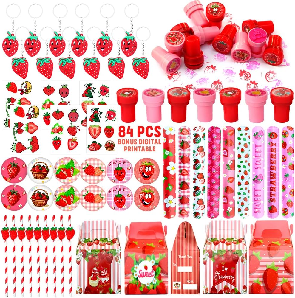 Strawberry Party Favor 84 PCS Sweet Berry Slap Treat Box Bracelets DIY Stickers Stampers Keychain Paper Straws Gift Rewards for Kids Girls Birthday Supply