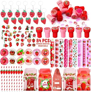 حزب الفراولة تفضل 84 PCS Sweet Berry Slap Treat Box Bracelets ملصقات DIY ملصقات Keychain Paper Straws مكافآت هدايا للأطفال