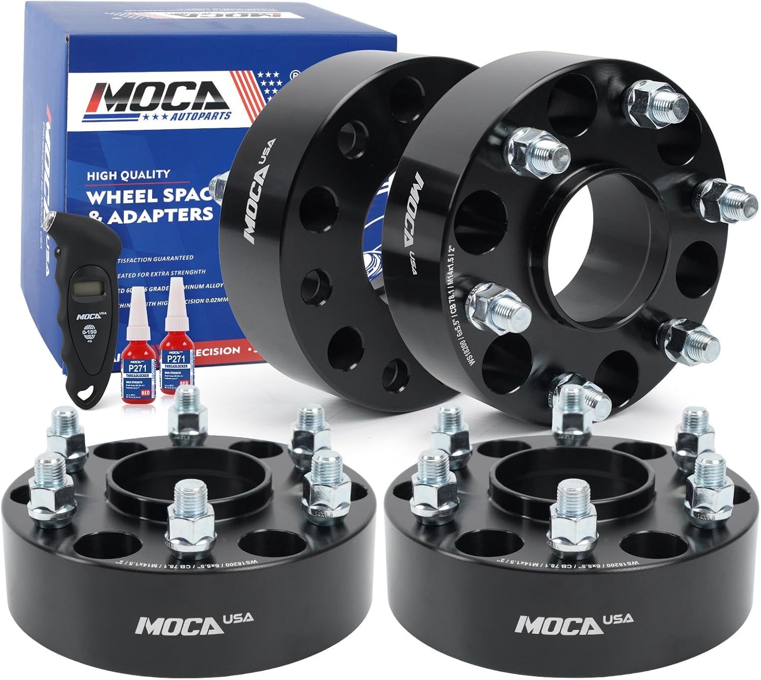 MOCA 50.8mm 6x139.7 Hubcentric Wheel Spacers (78.1mm Bore) - M14x1.5 Studs Fit for Cadillac Escalade & for Chevrolet Avalanche & for Free Tire Pressure Gauge (Black, Pack of 4)