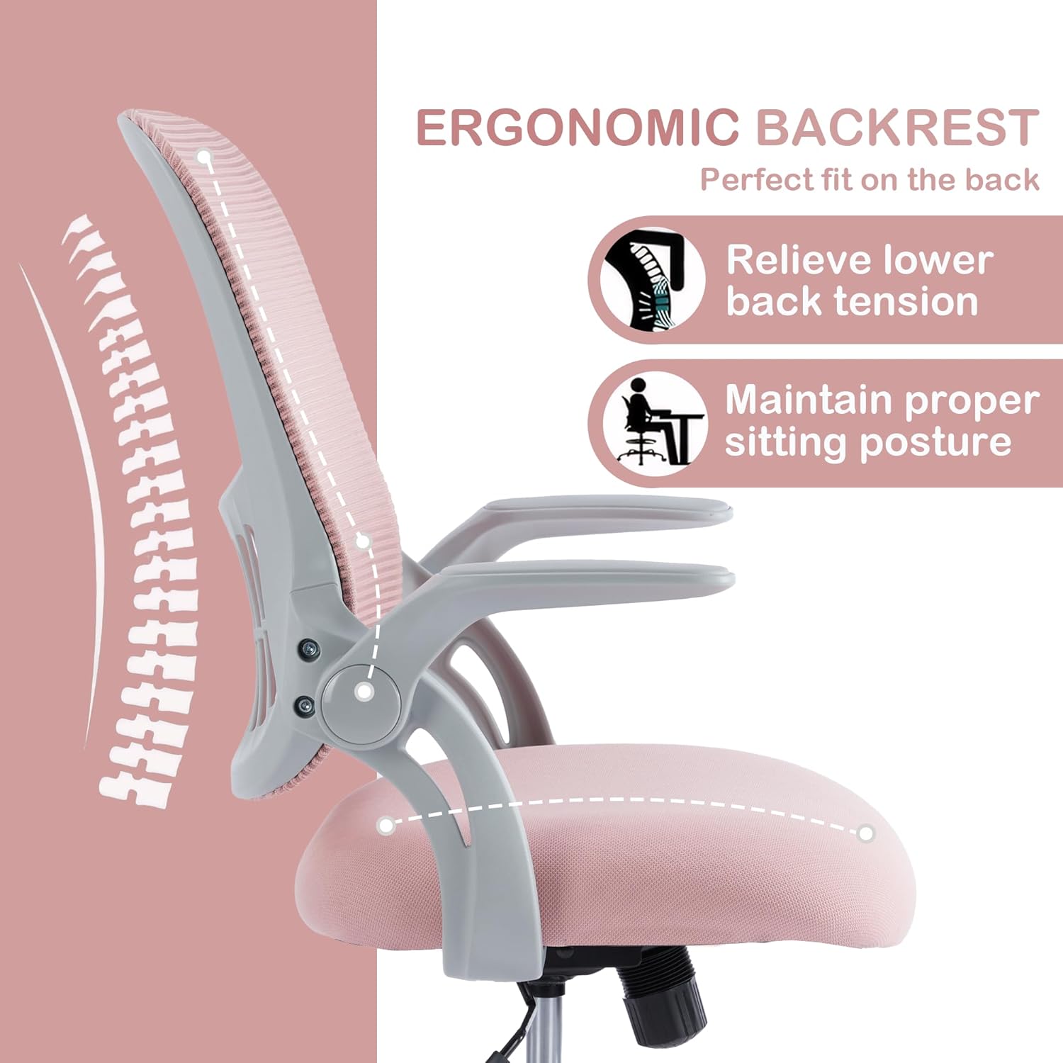 Office Ergonomic Desk Chair, Comfy Mesh Computer Work Chair with Flip-up Armrests and Adjustable Lumbar Support, Rolling Swivel Executive Task Chair for Home Office, Adults and Teens (Pink)