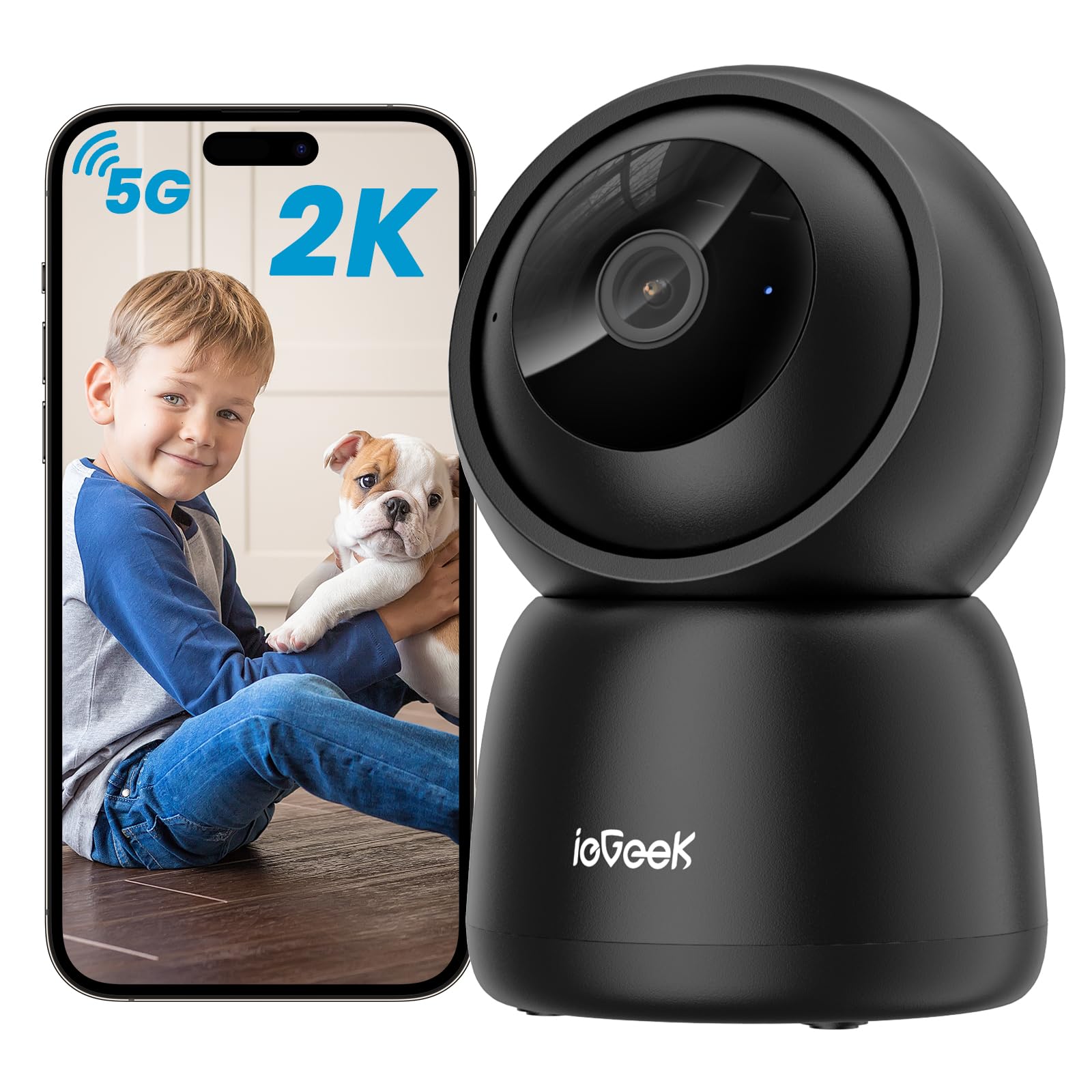 ieGeek 2K Telecamera WiFi Interno Supporta 2,4 & 5GHz, Videocamera Sorveglianza con Rotazione a 360°, Tracciamento Automatico, Sirena, Visione Notturna, Audio Bidirezionale, Baby Monitor, SC1, Nero