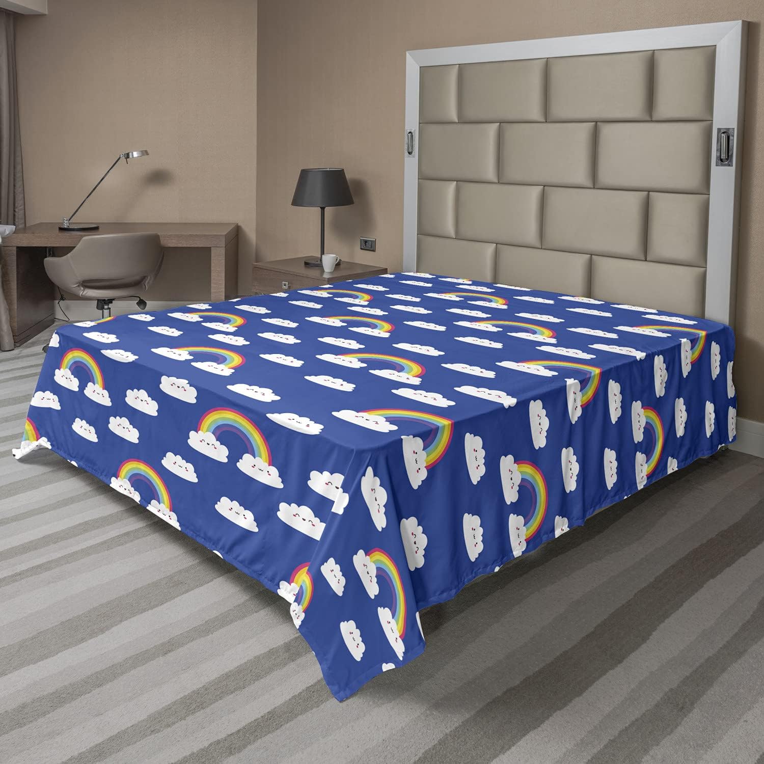 Ambesonne Cartoon Flat Sheet, Joyful Smiling Fluffy Rainbow Clouds in The Sky Happiness Themed Repetition, Soft Comfortable Top Sheet Decorative Bedding 1 Piece, Queen Size, Blue Multicolor