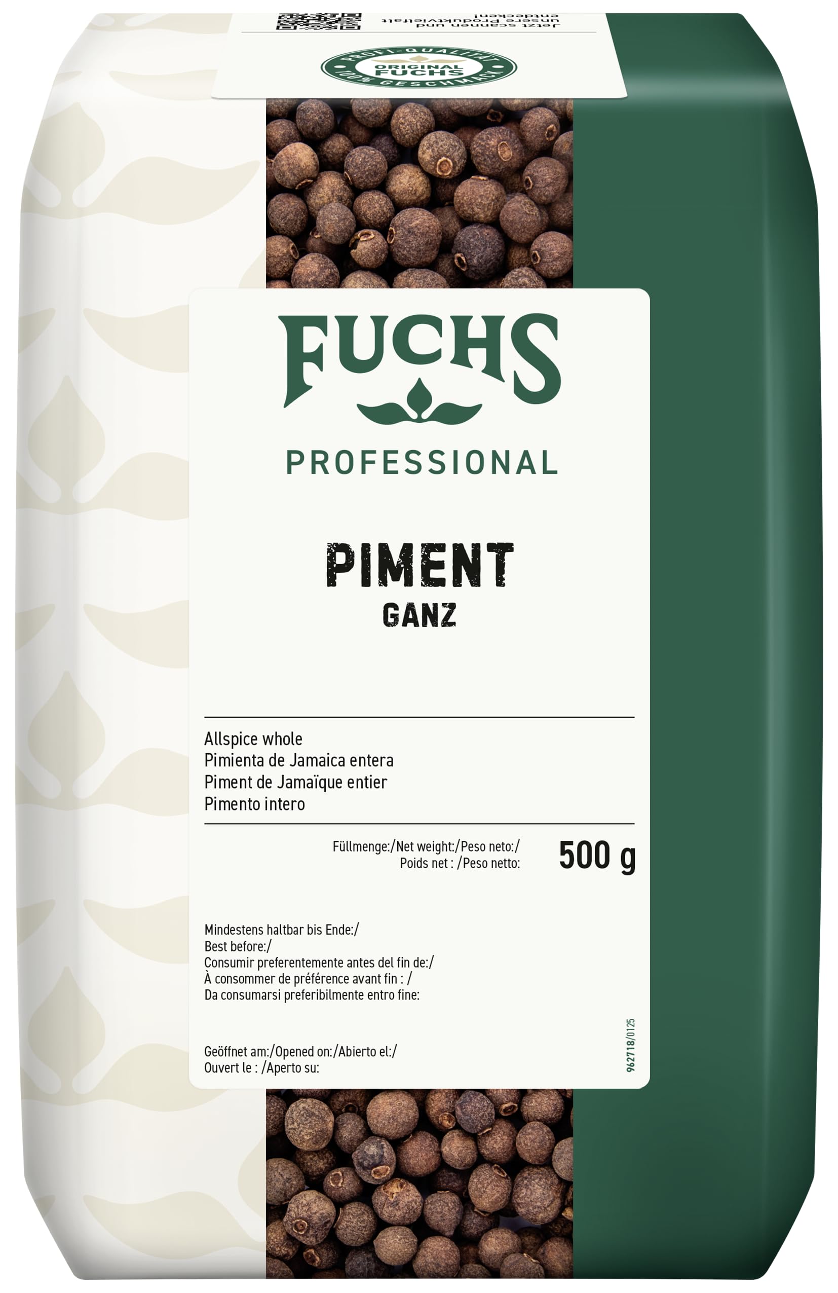 Fuchs Professional - Piment ganz | Ungemahlenes Gewürz für Fleisch, Beizen und eingelegtes Gemüse | Profi-Qualität für Großverbraucher und Gastronomie | 500 g im Beutel
