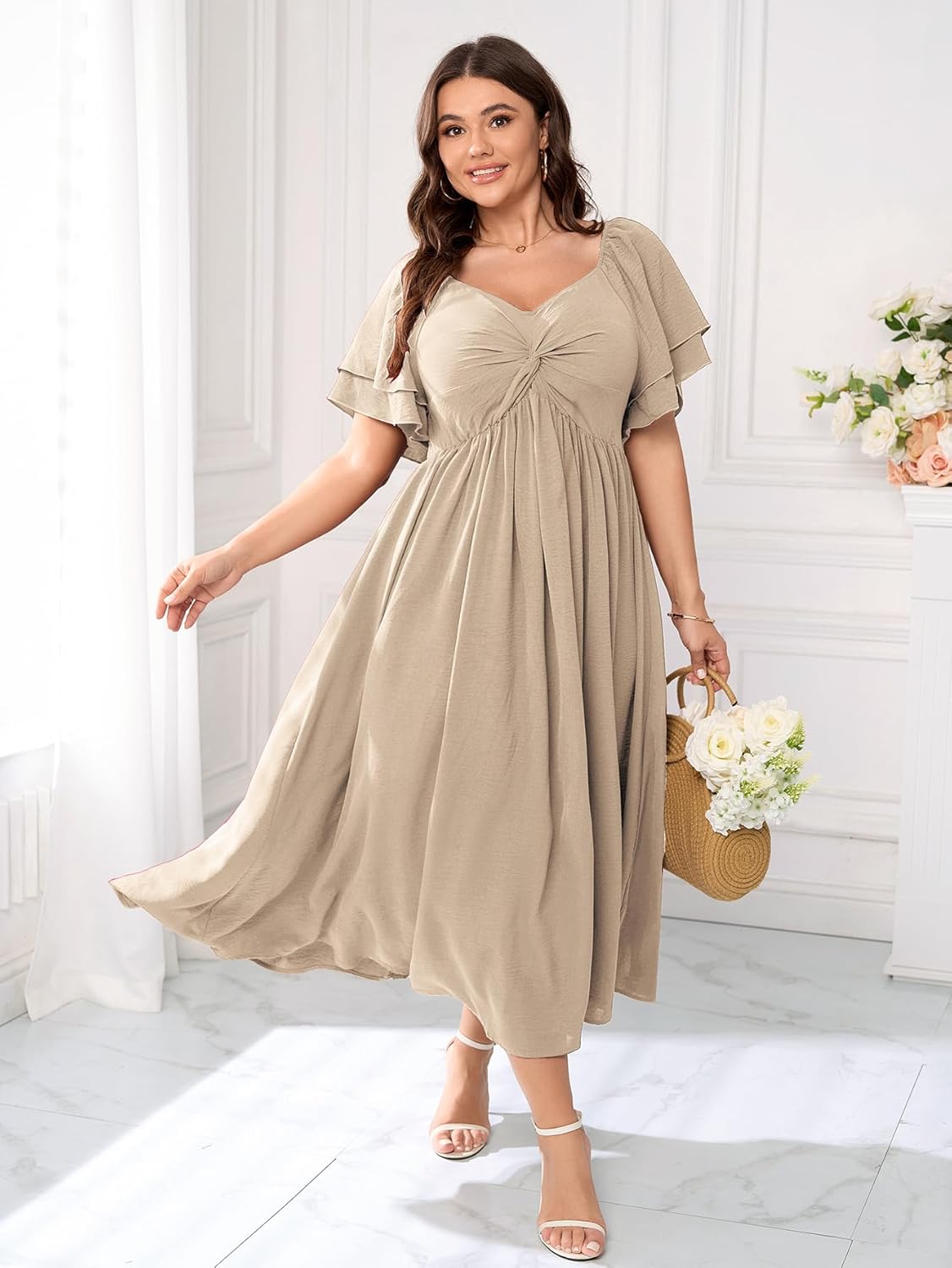 SCOMCHIC Women's Plus Size Wedding Guest Cocktail Dresses Sweetheart Neckline Ruffle Sleeve A Line Maxi Dress - Image 6