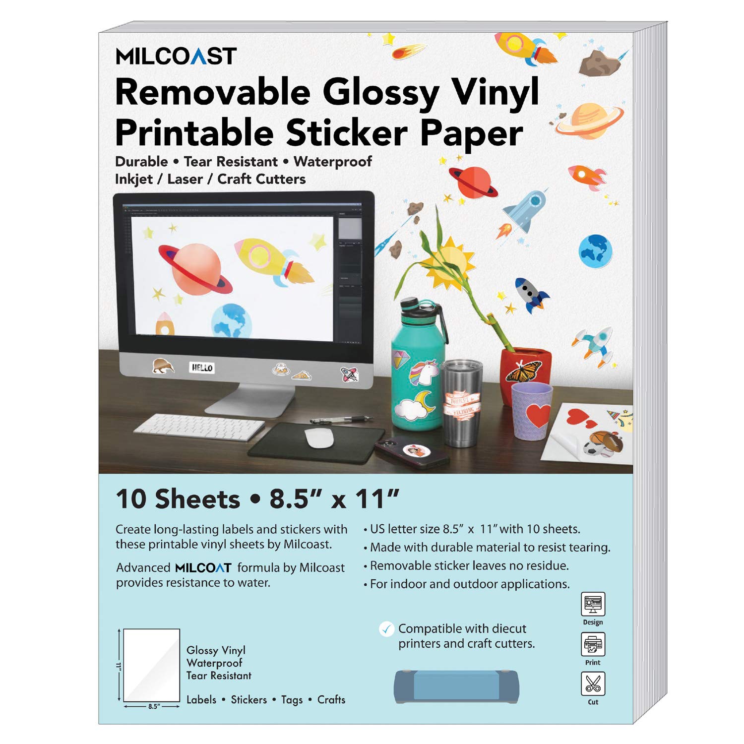 Milcoast Removable Glossy Waterproof Printable Vinyl Full Sheet Sticker Paper Labels - Adhesive, Inkjet/Laser Printer Compatible - for Removable Decals, Stickers, Arts, Crafts (10 Sheets)
