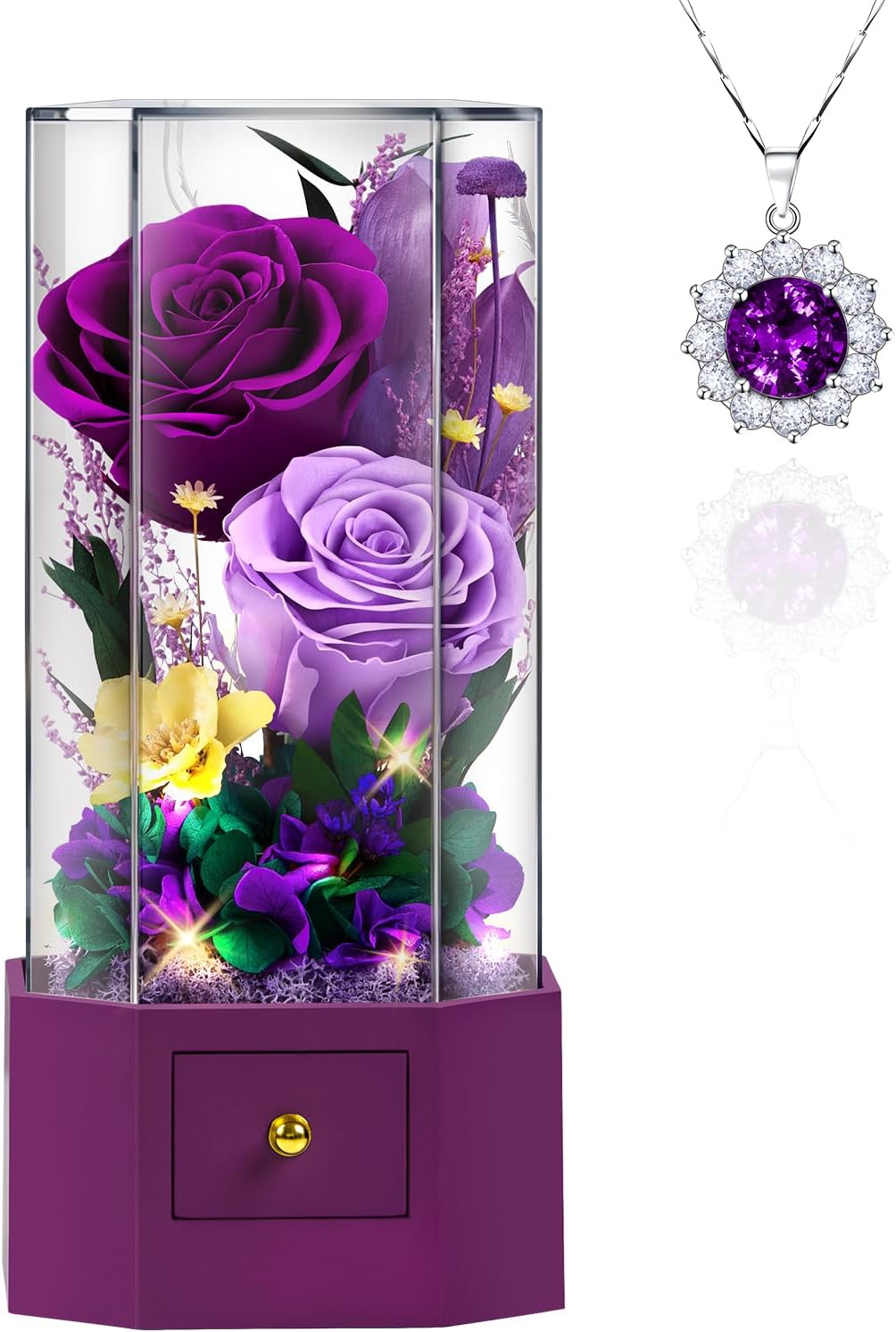 Forever Rose with Necklace Purple Preserved Rose Eternal Flower for Delivery Gift for Women Wife Girlfriend Mom Best Friend, Valentine’s Day Anniversary Birthday