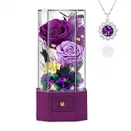 Preserved Roses Jewelry Box Gift Set, 3 Classic Real Roses with Gemstone Necklace Elegant Gift for Women Wife Girlfriend Mom Best Friend, Valentine’s Day Anniversary Birthday(Purple)