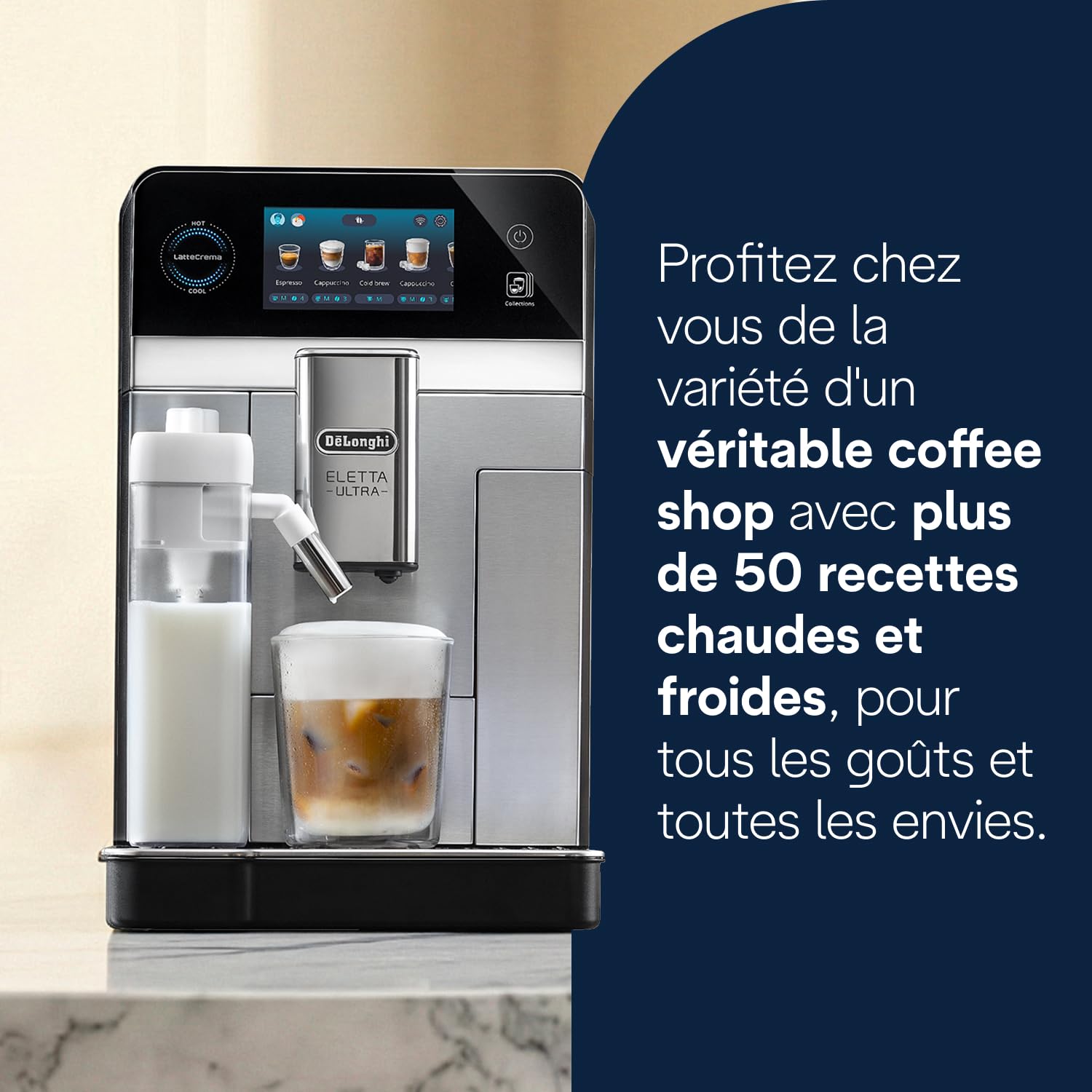 De'Longhi Eletta Ultra - Perfetto Machine à Café Automatique, LatteCrema Mousseur à Lait Automatique, 50+ Boissons Chaudes et Froides, Technologie Silencieuse, Écran Tactile, Métal (ECAM472.85.MB)