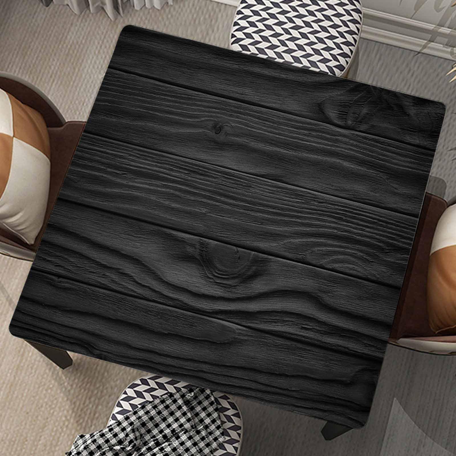 Square Table Cloth Wood Grain Fitted Tablecloth with Elastic Edge Dark Black Wooden Tablecloths Waterproof Polyester Cloths for Home Farmhouse Picnic