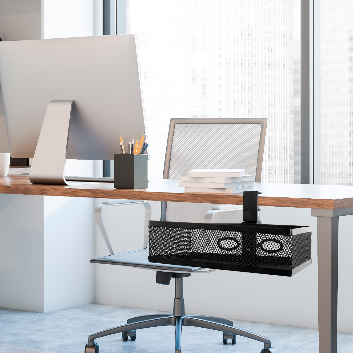 QWORK® Przechowywanie pod biurkiem, organizer pod biurko, obracany o 360°, przechowywanie biurowe, konstrukcja z metalowej siatki