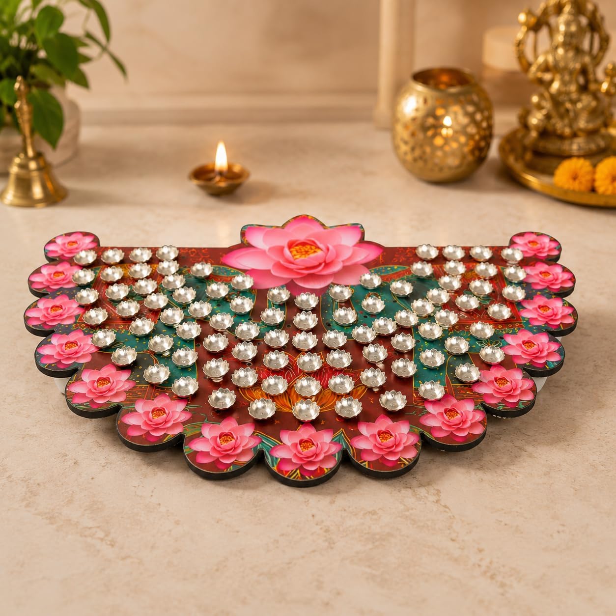 Ashtotaram Stand 108 Flower Stand for Puja, Premium MDF Base with Digital Print, Puja Chowki for Ashtottara Archana (With silver color Flowers) (Maroon)-image-3