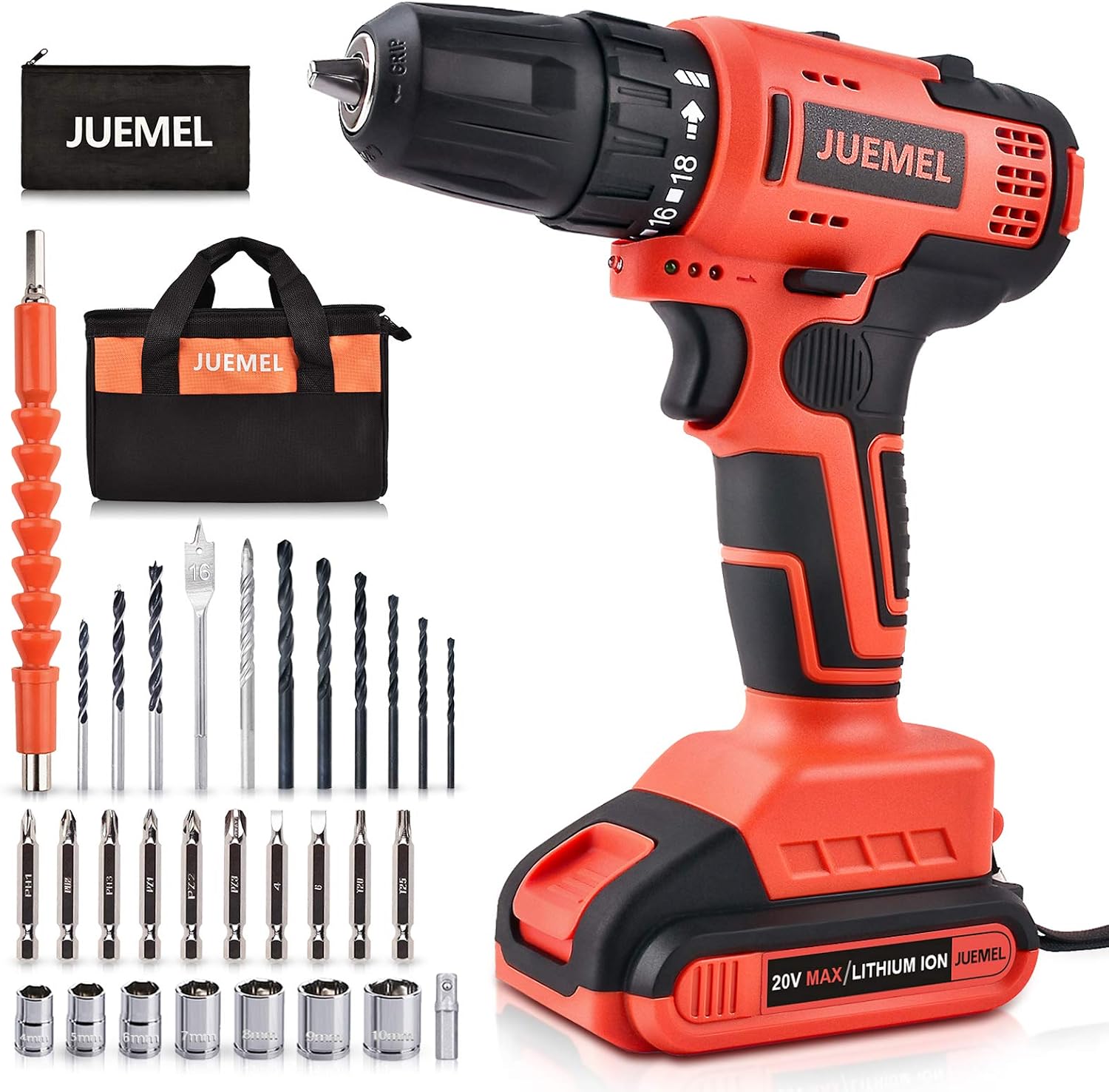 High Torque Brushless Drill, JUEMEL Cordless Power Drill Driver Set, Lithium-ion Electric Drill with 3/8'' Keyless Chuck, 430 in-lbs, 18+1 Clutch and 0-2200 RPM Variable Speed for Wood, Cement, Metal