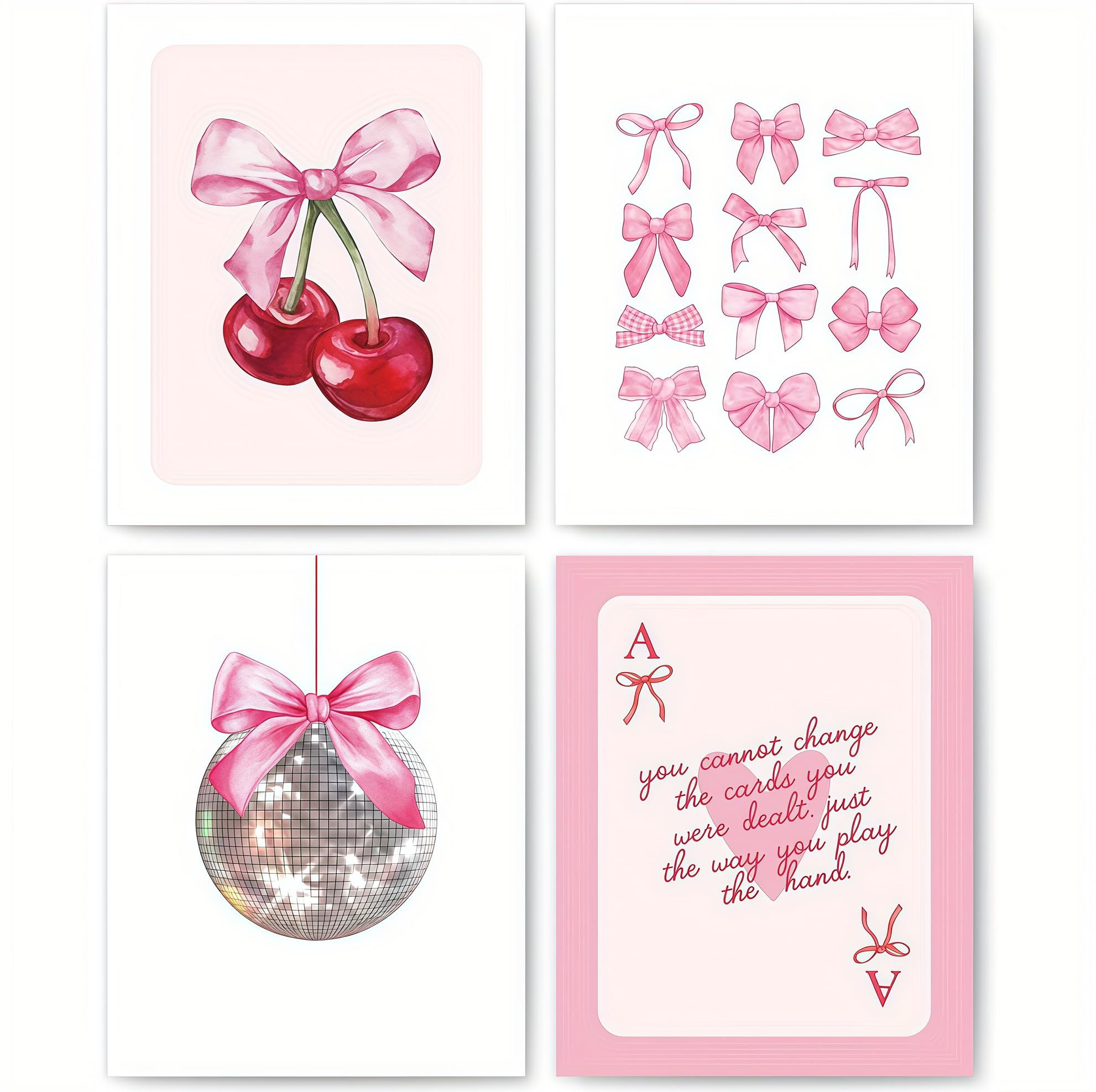 DWUENT Aesthetic Bedroom Posters,Set of 4 Pink Sweet & Cool Style Canvas Prints,Unframed Wall Decor for Girls Room,Teen Girl Dorm Decoration with Cherry,Bow,Disco Ball Design,20x15cm