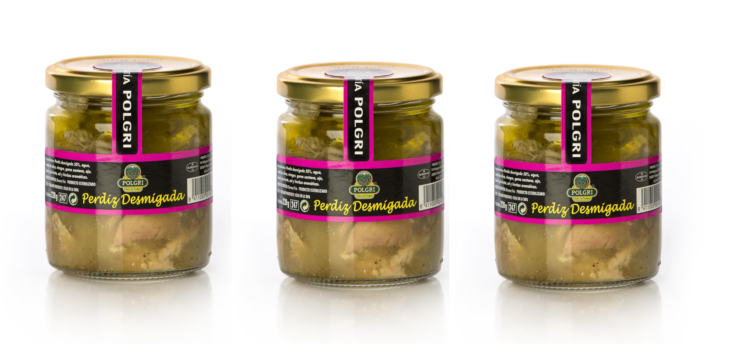 POLGRI Perdiz Deshuesada en Escabeche 220 g x 3 unds Frasco Vidrio Conserva Gourmet Carne de Caza