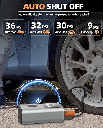 Miniatura 5 de Inflador de neumáticos, compresor de aire portátil, bomba de bicicleta, bomba de aire de 150 PSI para neumáticos de automóvil con pantalla LCD dual