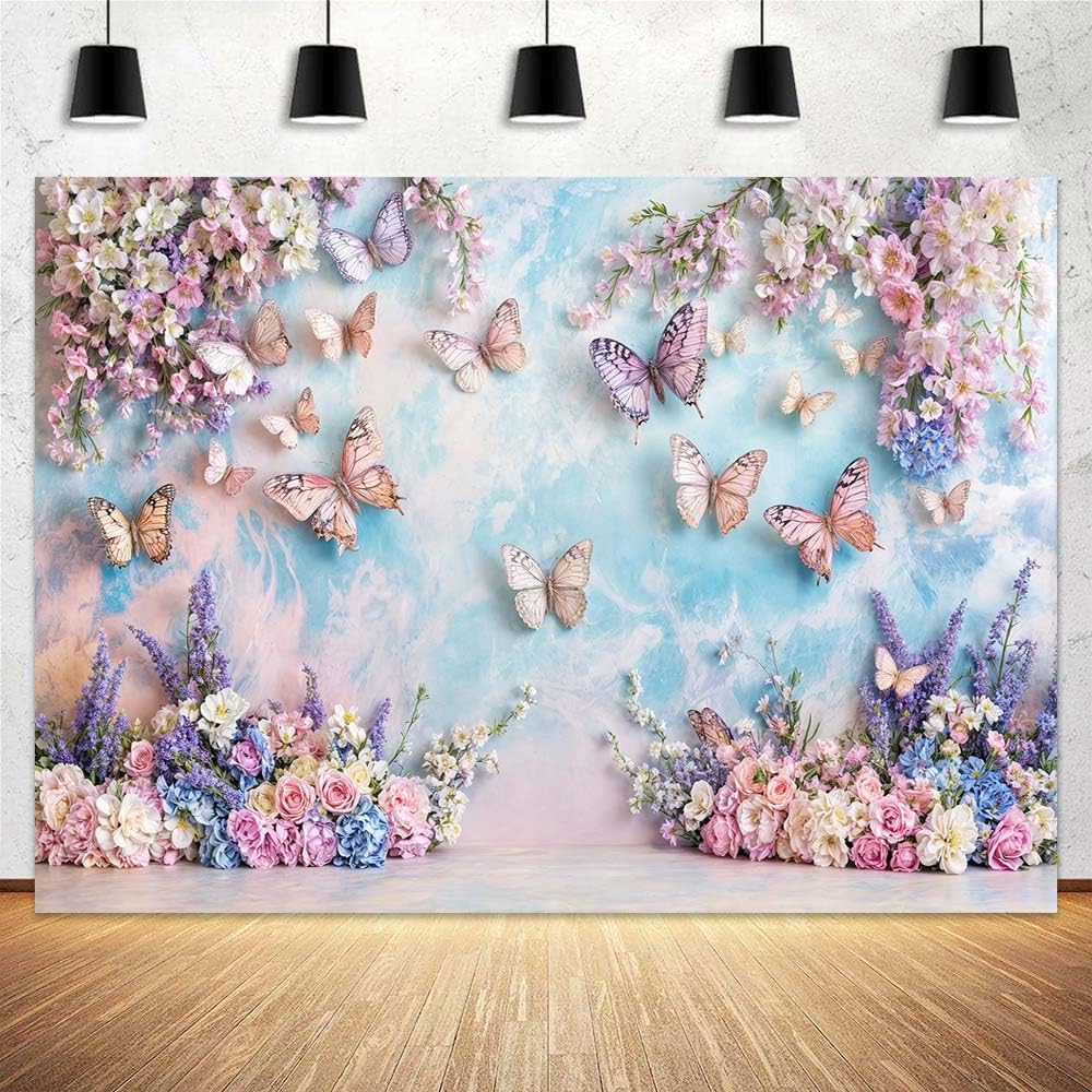Purple Butterfly Floral Backdrop Elegant Flowers Photography Background for Girls Princess Butterfly Theme Birthday Baby Shower Events Party Decor