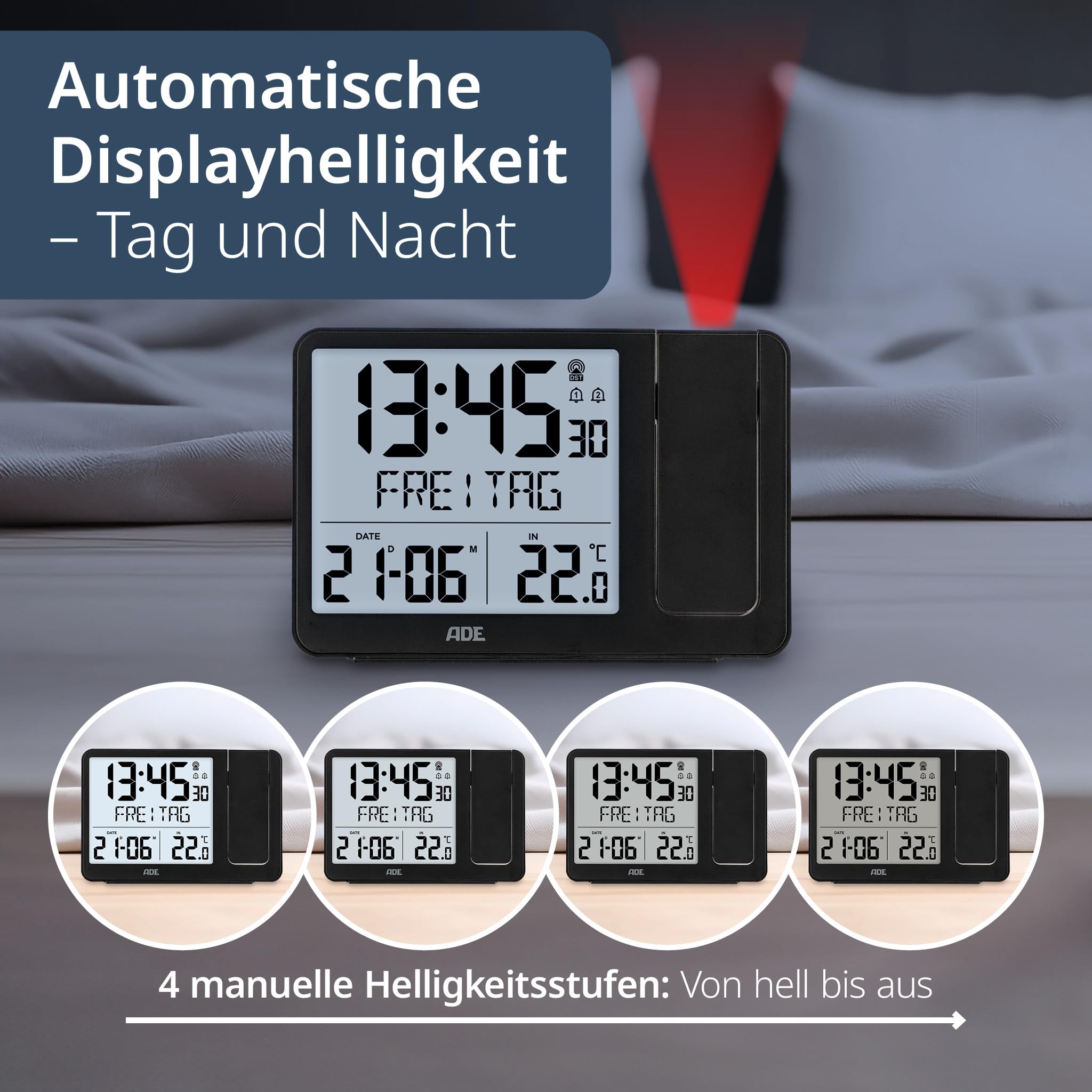 ADE Digitaler Funkwecker mit Projektion und Außensensor | Projektionswecker mit 2 Weckzeiten | Uhr mit Temperaturanzeige, Datum und Wochentag | inkl. Netzkabel | schwarz