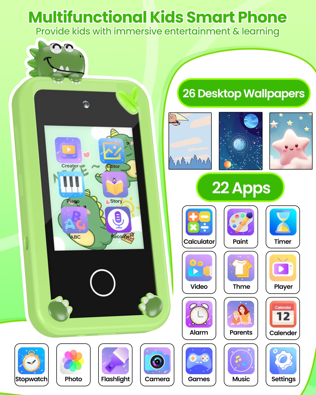 Kids Smart Phone for Boys with 32G Card & Holographic Pyramid, Christmas Birthday Gifts for Age 3-10 Kids Toy Cell Phone, 2.8" Touchscreen Toddler Learning Toy, Dual Lens, Music Player(Green Dinosaur)