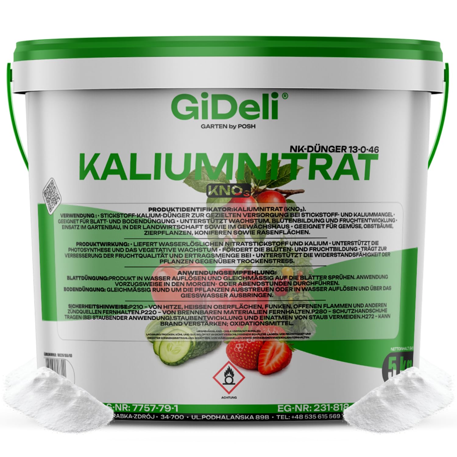 GiDeli Kaliumnitrat 5kg im Eimer - Ein Universaldünger, Ideal für Blumen, Obstpflanzen und Zierpflanzen - 1 kg Dünger Reicht für 60 m² - Pflanzendünger, der die Immunität und das Wachstum verbessert