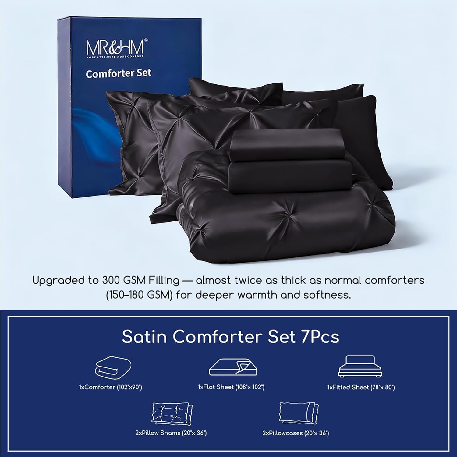 MR&HM Satin Comforter King 7 Pieces - Luxurious Pinch Pleat Bedding Set with Comforter, Flat Sheet, Fitted Sheet, Pillowcases & Shams, Super Silky Soft Bed Set for All Season (King, Black)