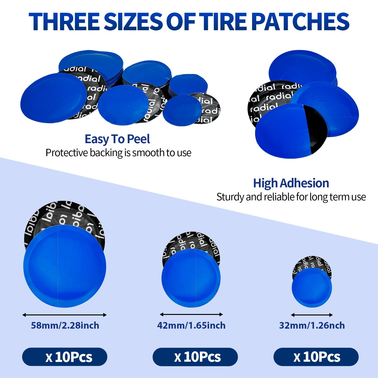 Kit di 33 toppe per riparazione pneumatici, 30 toppe per pneumatici (32 mm/42 mm/58 mm, con rullo per la riparazione dei pneumatici, ruota di lucidatura per pneumatici, raschietto interno per