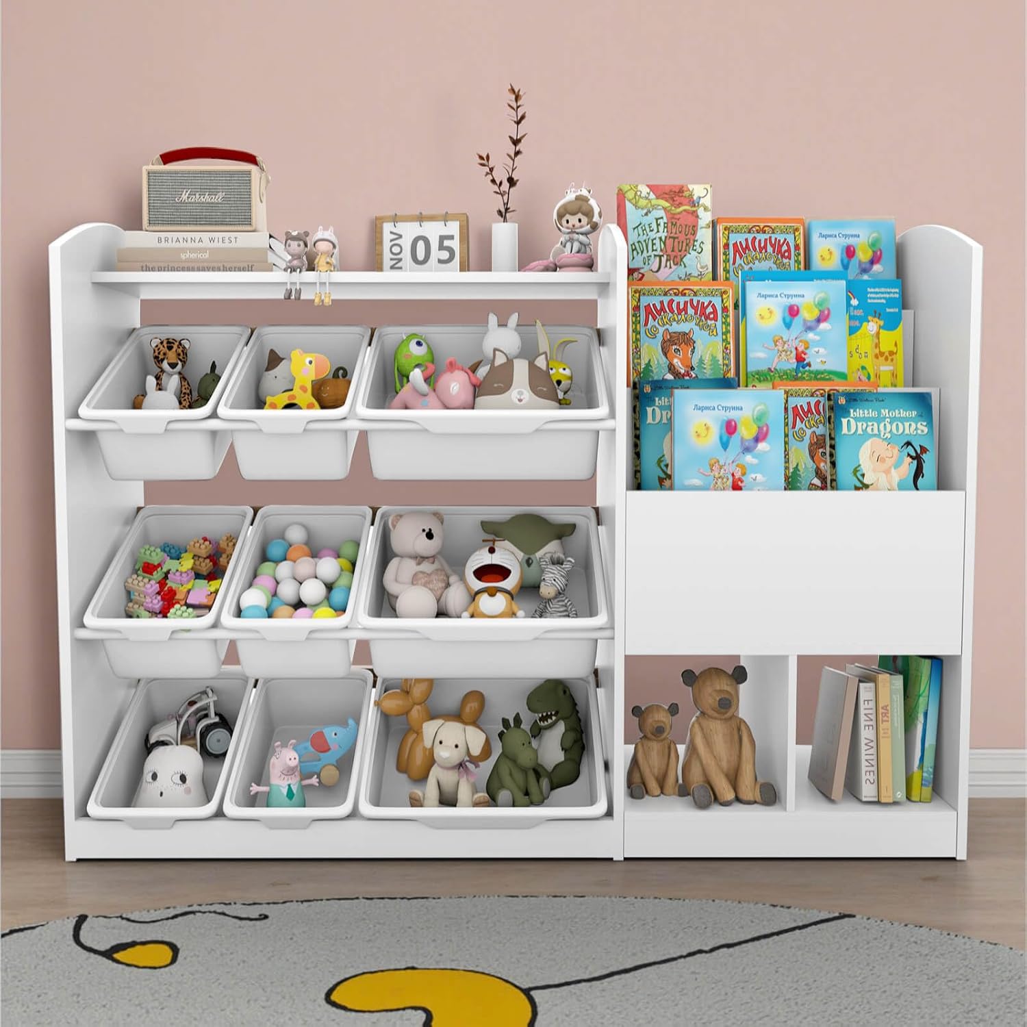 Toy Storage Organizer,4 Tier Toy Organizers and Storage with Bookshelf,3 Shelves and 12 Storage Bins,Toy Storage for Nursery,Living Room Area,Kids Rooms