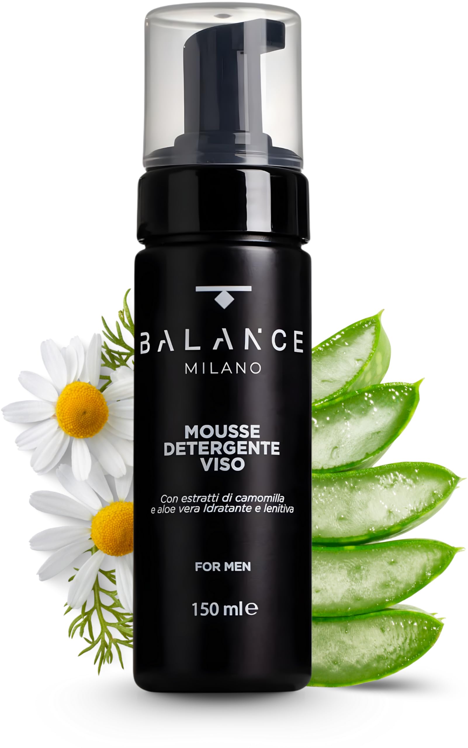 BALANCE MILANO - Mousse Detergente Viso Tutti i Tipi di Pelle con Camomilla e Aloe Vera - 150 ml - Schiuma Struccante Viso e Occhi Made in Italy - Detersione Delicata e Purificante - Skin Care