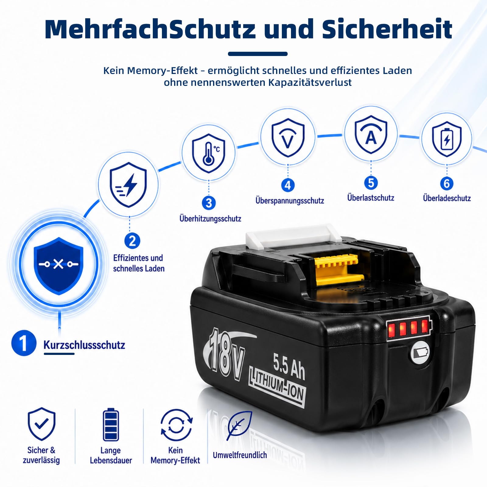 Lot de 4 batteries de rechange Li-ion 18 V 5500 mAh pour batterie Makita