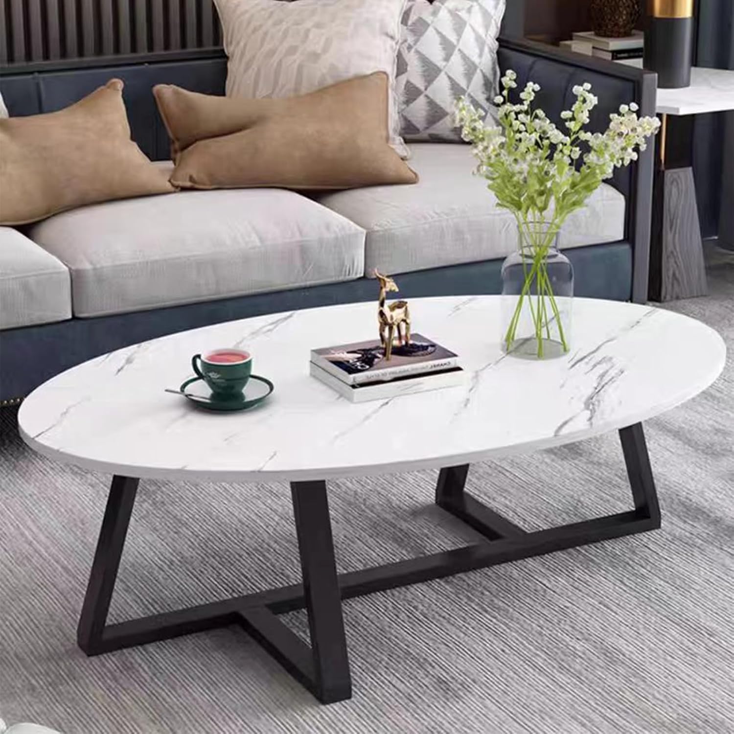 Huhote Couchtisch, Wohnzimmertisch mit Metallgestell, Satztisch, Oval Wohnzimmertisch, Sofatisch, Beistelltisch, Kaffetisch, Teetisch, Wohnzimmer möbel für Büro, 100 x 55 x 45 cm, Schwarz