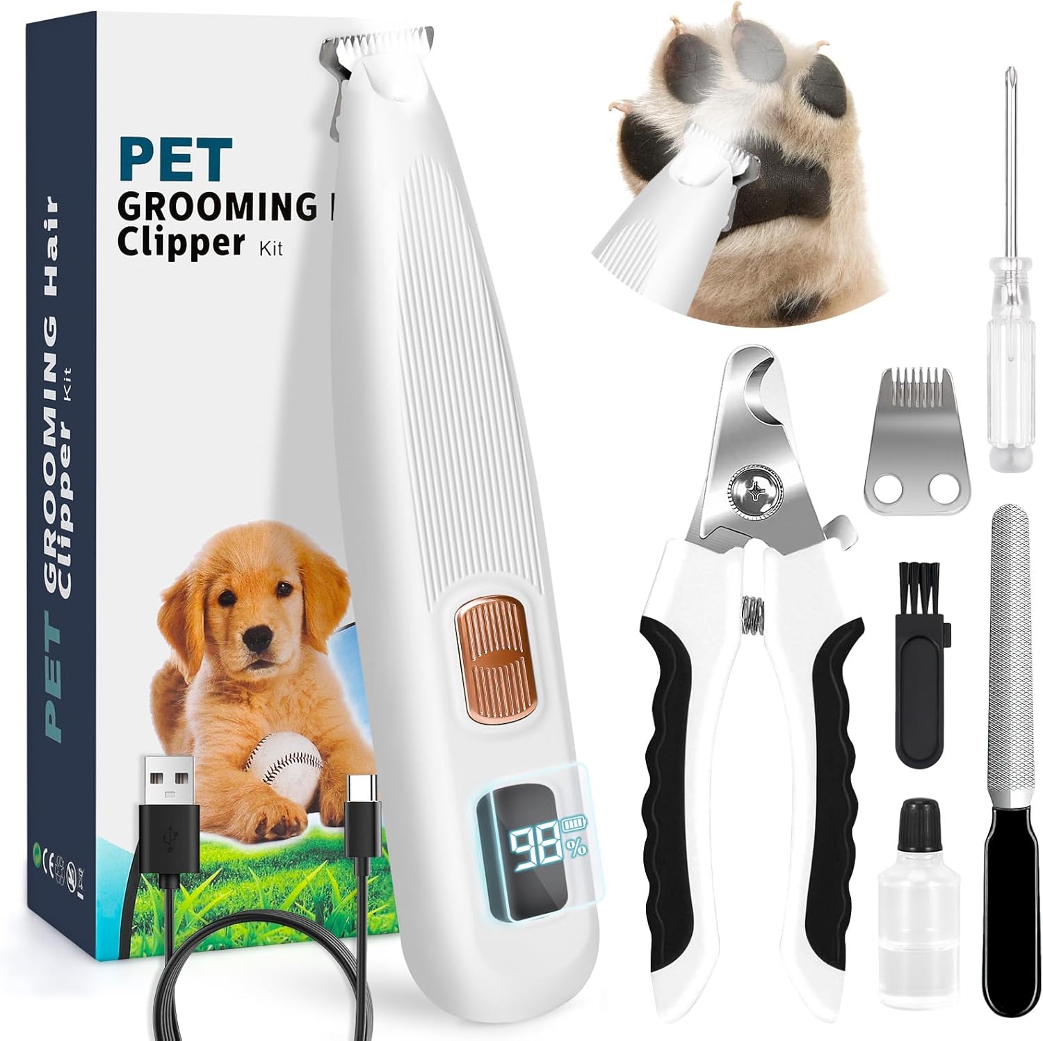Dog Paw Trimmer with LED Light, Paw Trimmer for Dogs 0.8inch/20mm Wide Blade, Pet Hair Grooming Kit with Dog Nail Clipper, Cordless Electric Pet Paw Grooming Clippers for Paws, Ears, Face, Rump